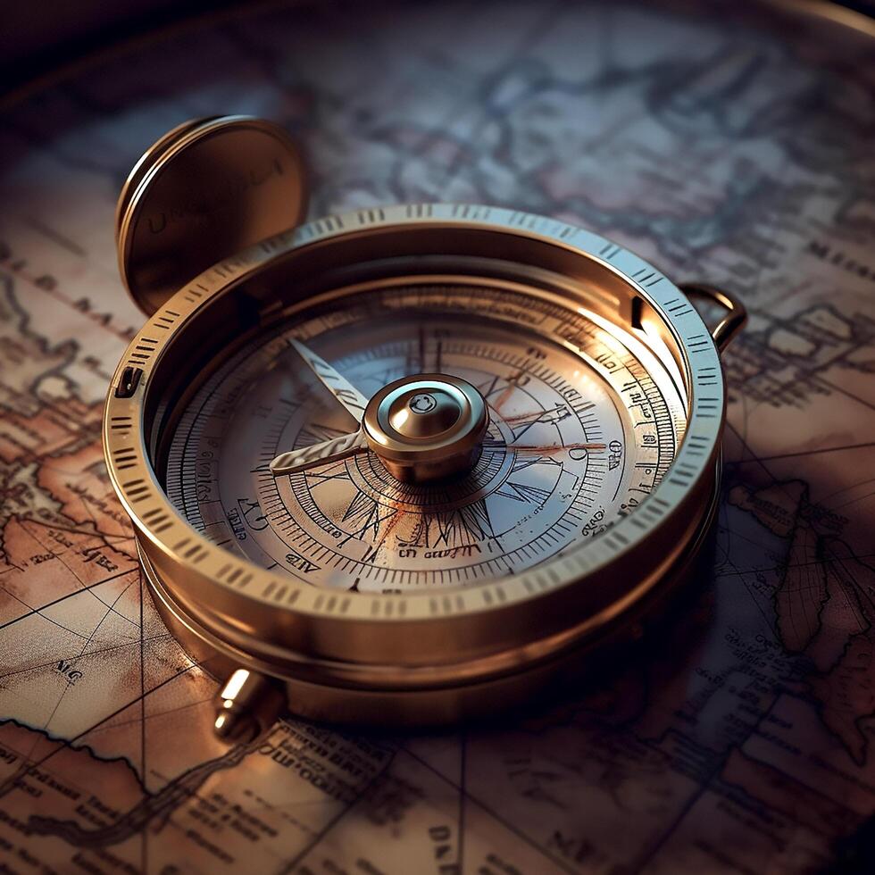 AI Generative Vintage Bronze retro compass on old map in dark photo