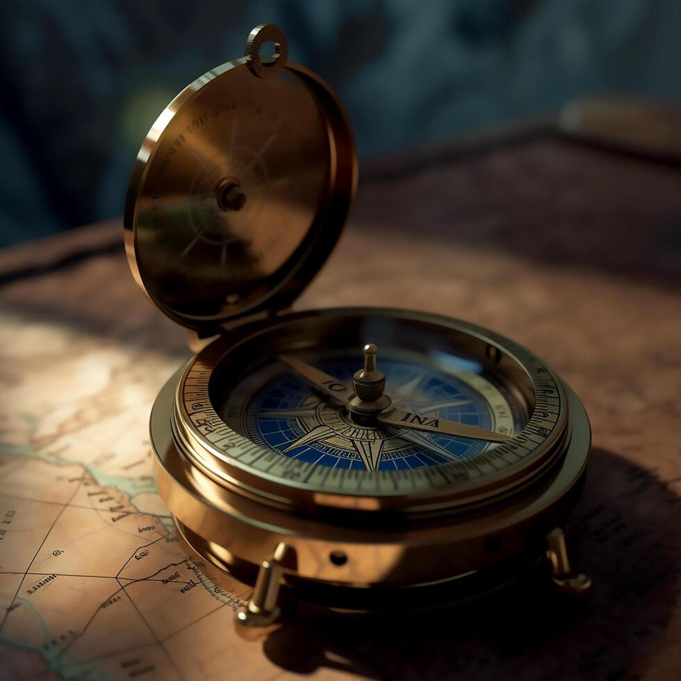 Vintage compass on a Retro world map photo