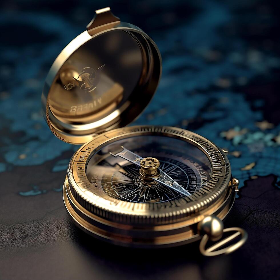 Golden vintage compass on a old world map photo