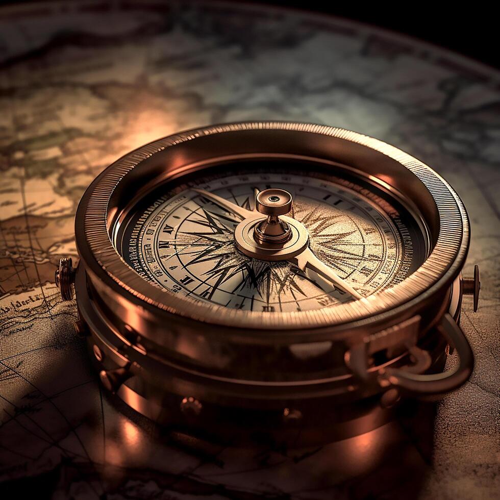 Vintage Bronze retro compass on old map in dark close up photo