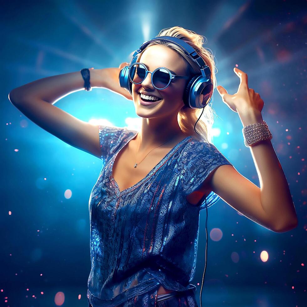 A young pretty dancing girl wearing modern headphones with sunglass listening to music over blue glowing background photo