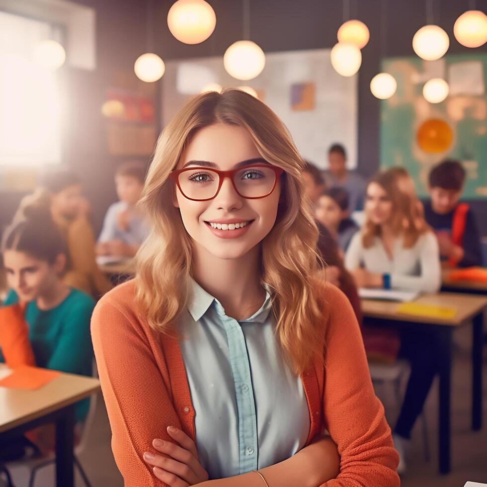 Portrait of confident young pretty female teacher in class photo