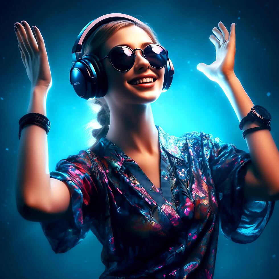 AI Generative cheerful girl with headphones and sunglasses photo