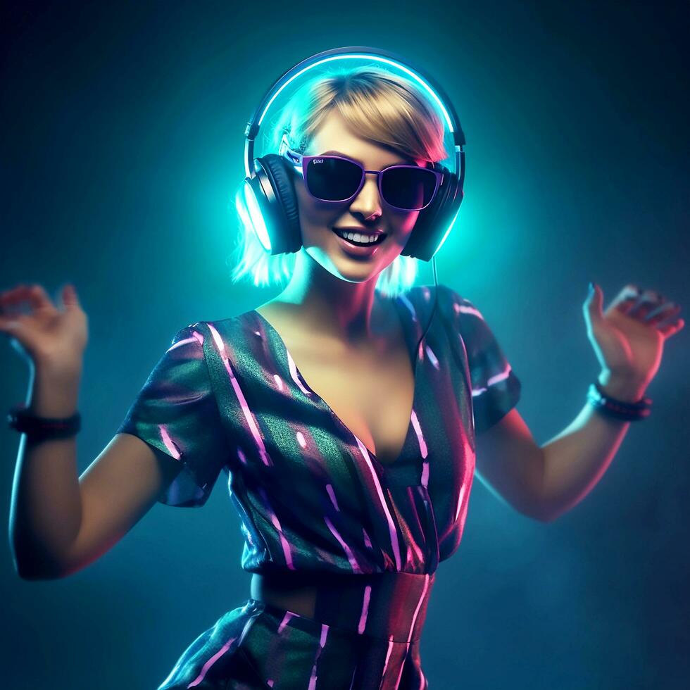 AI Generative Young beautiful dancing girl wearing modern headphones listening to music over blue glowing background photo