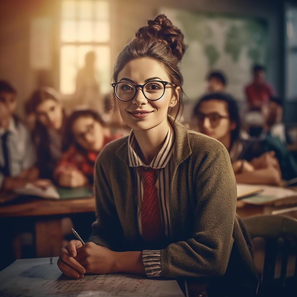 Smiling young female teacher in glasses over the classroom photo