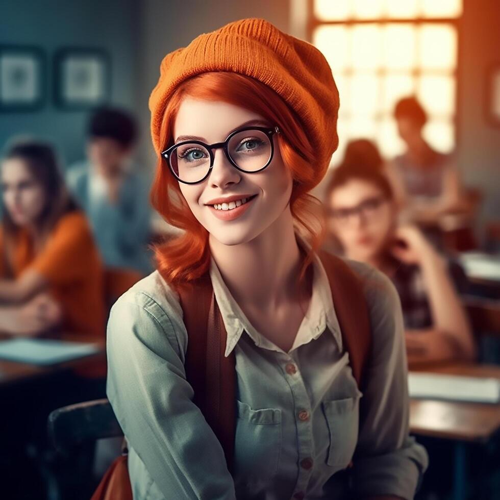 A beautiful teacher wearing glasses and smiling looking at camera in elementary school classroom photo
