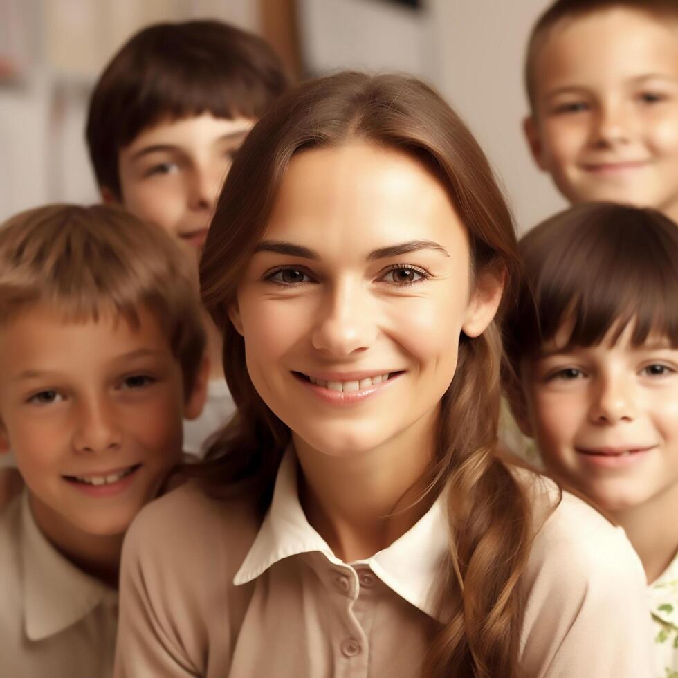 Attractive teacher smiles at the camera with her students photo