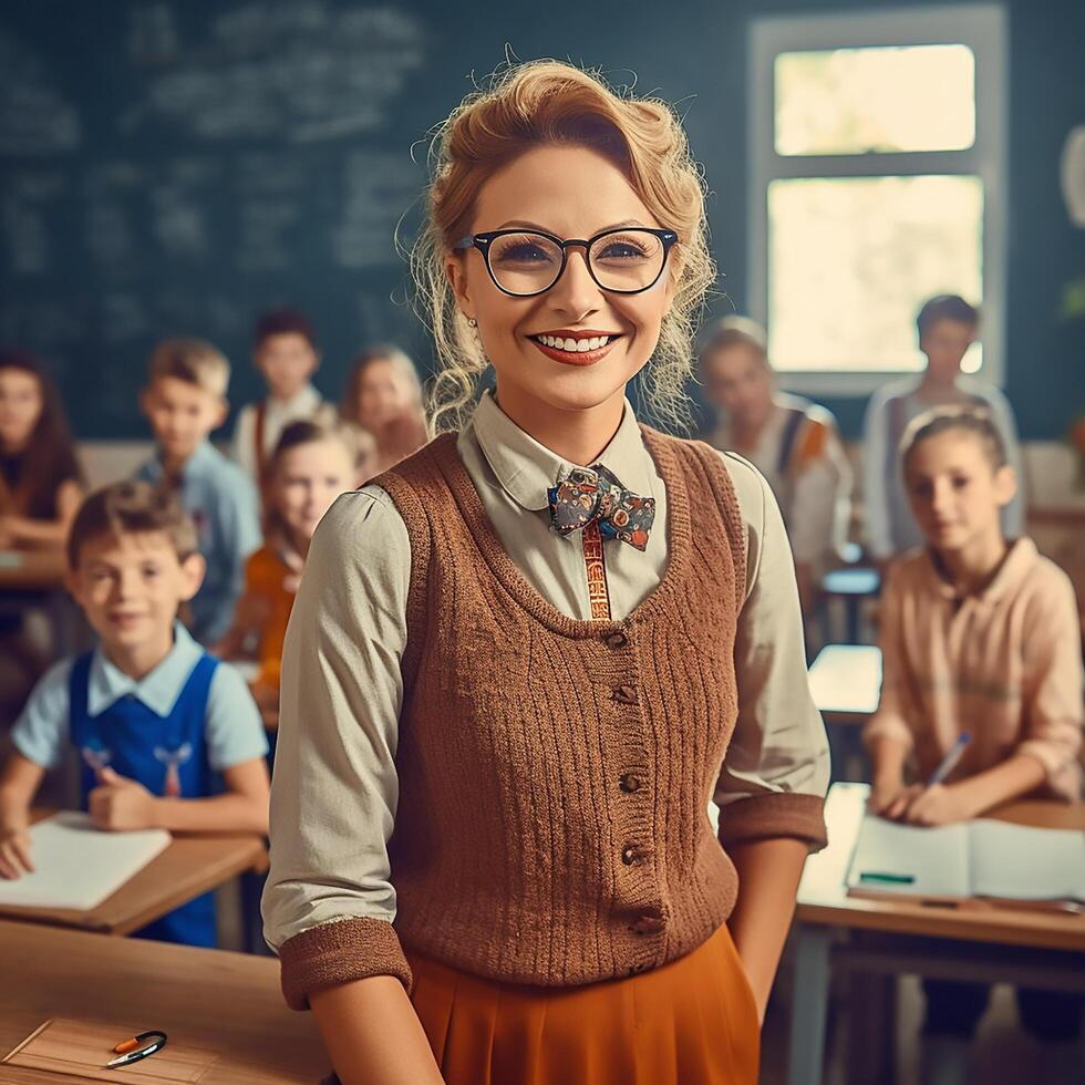 Portrait of smiling teacher in classroom photo