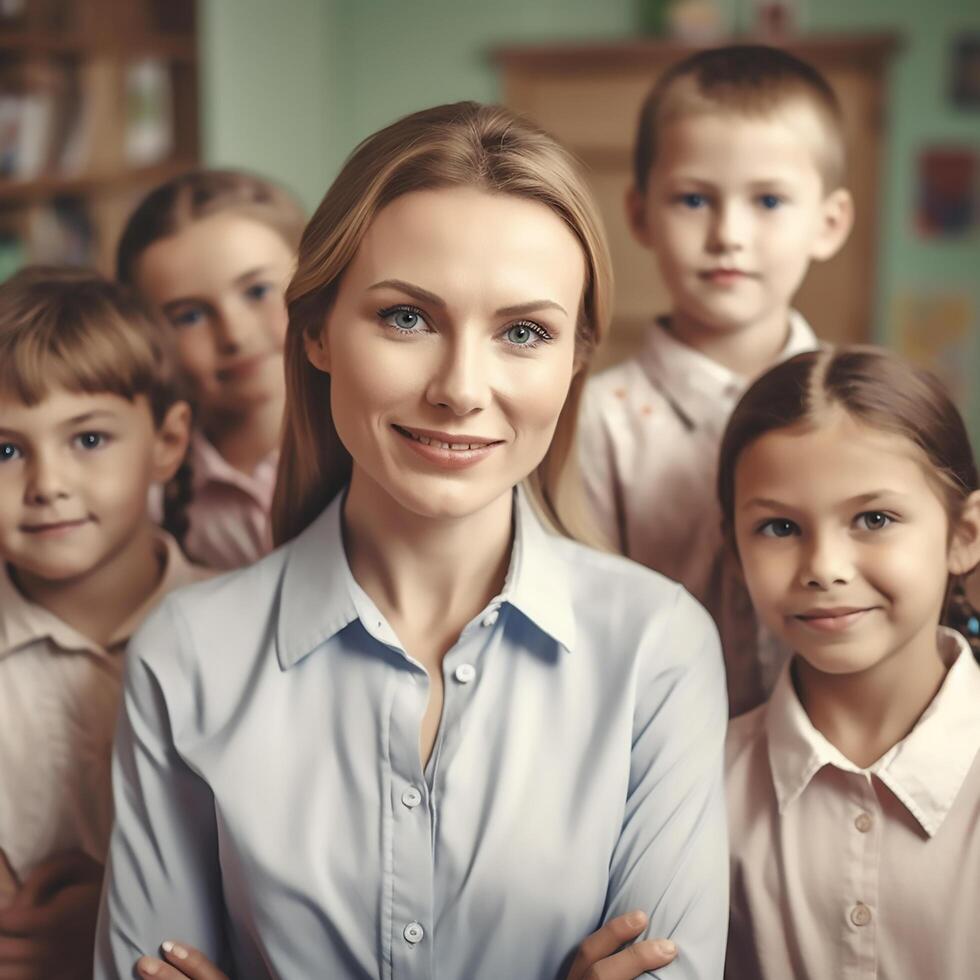 Primary school teacher smiling at the camera with her students photo