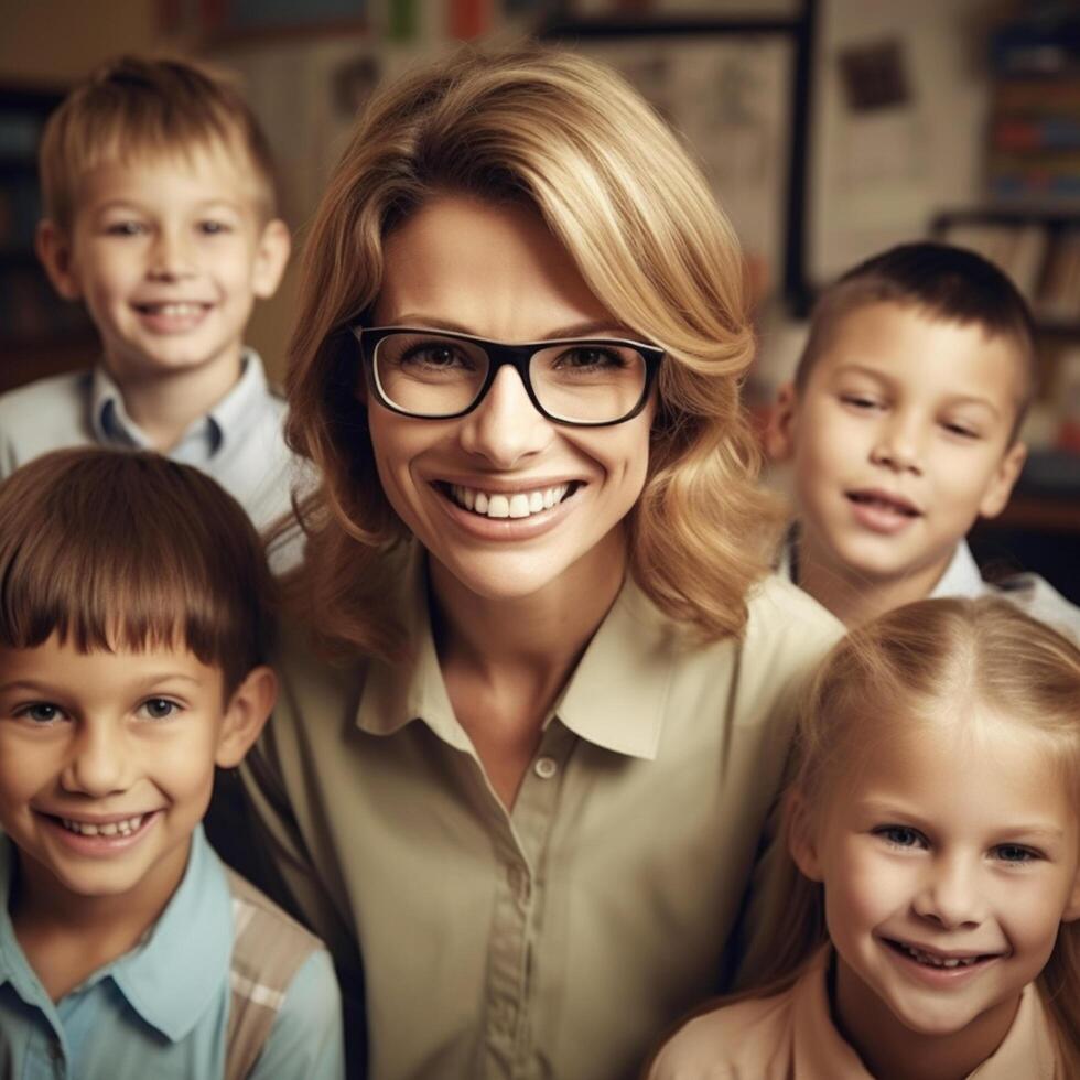 A mature teacher with her happy students photo