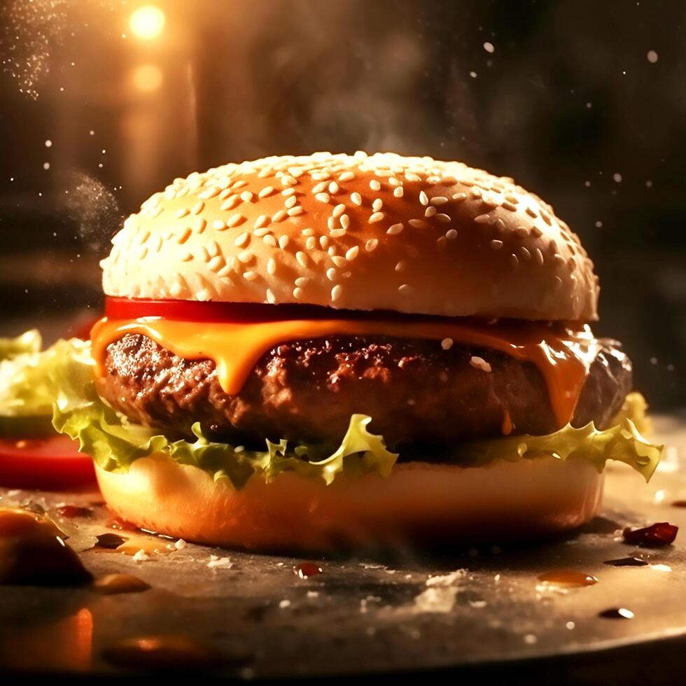 AI Generative Delicious big burger on wooden table close-up photography photo