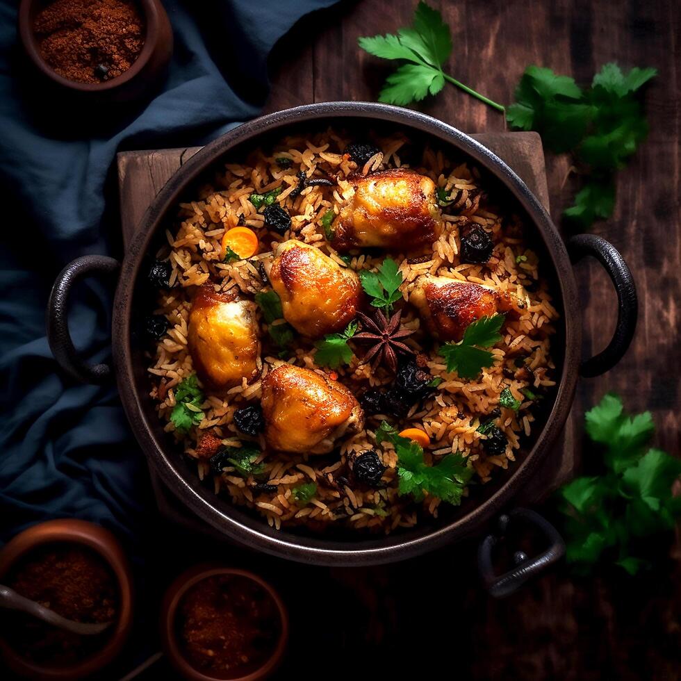 AI Generative Delicious chicken biriyani in black dish photo