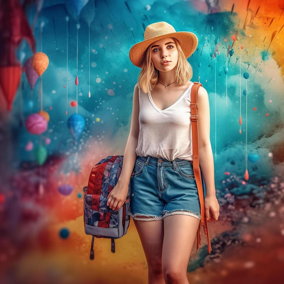A beautiful tourist girl poses for the camera against an abstract background photo