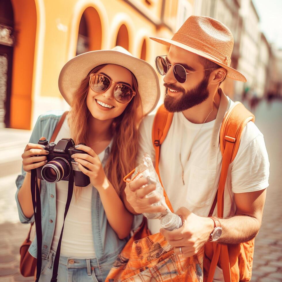 Happy fashionable couple travel together photo