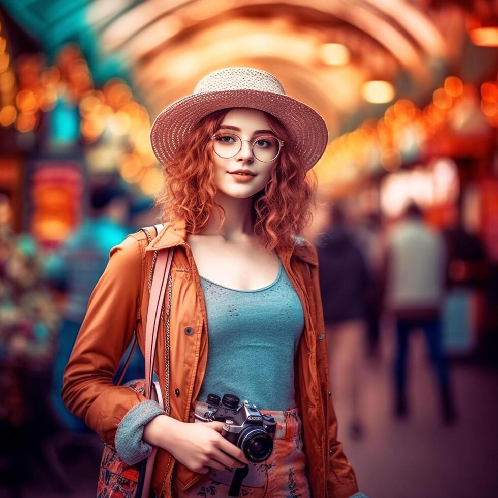 A beautiful tourist girl with a hat and glasses poses for the camera photo