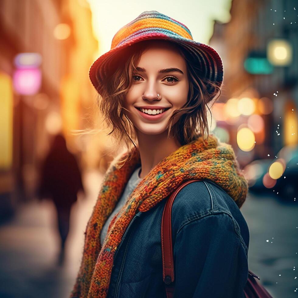 Stylish smiling pretty tourist girl wearing a hat and poses for camera under street background photo