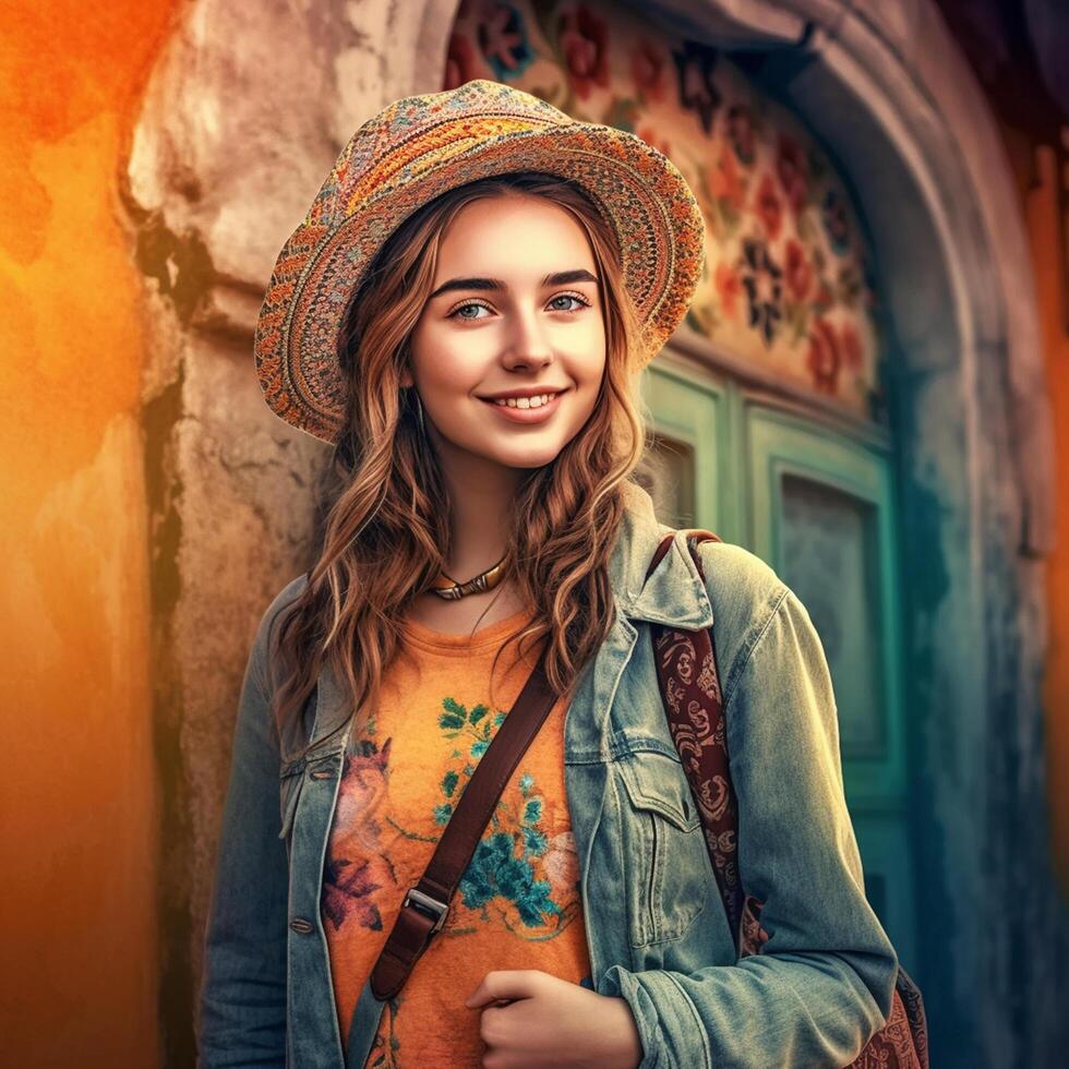A beautiful girl poses for the camera wearing a hat near the antique door photo