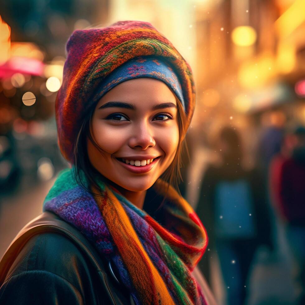 A girl with a beautiful smile in a beautiful dress posing for the camera in the evening city photo