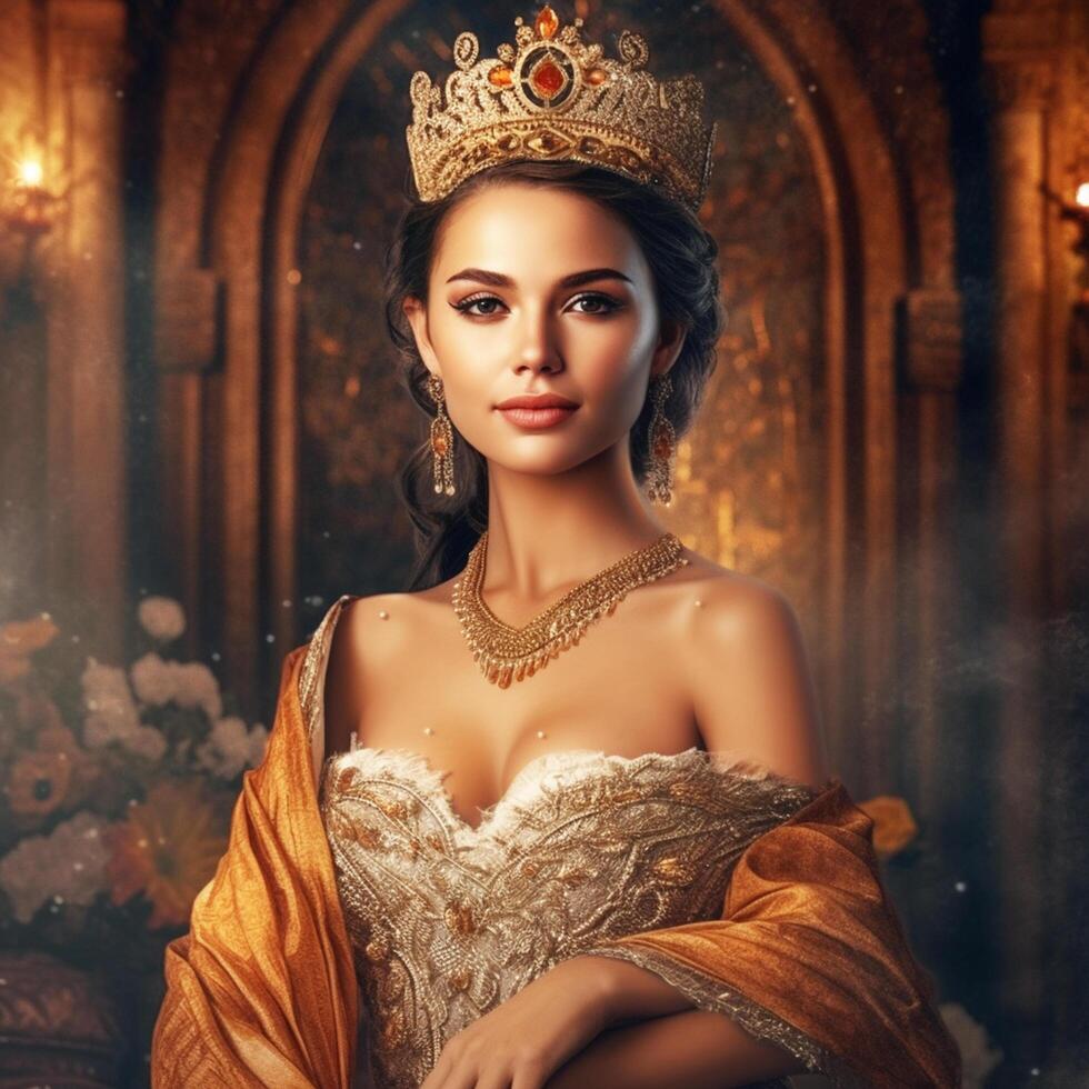 A beautiful girl in an abstract dress as a proud royal princess in royal background photo