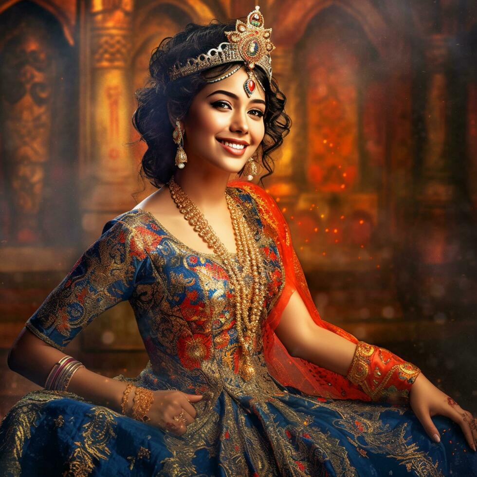 AI Generative A beautiful girl dressed as a royal Indian princess in royal background photo