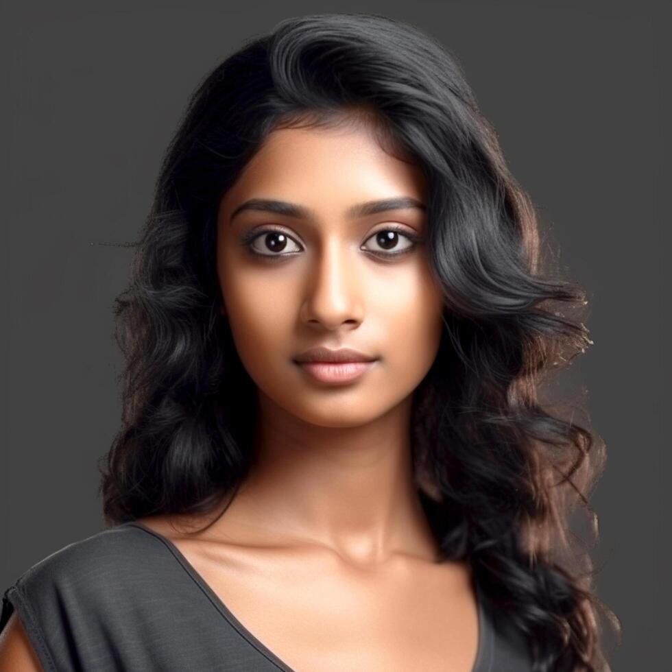 Beautiful tan skin young girl posing to camera in dark background photo