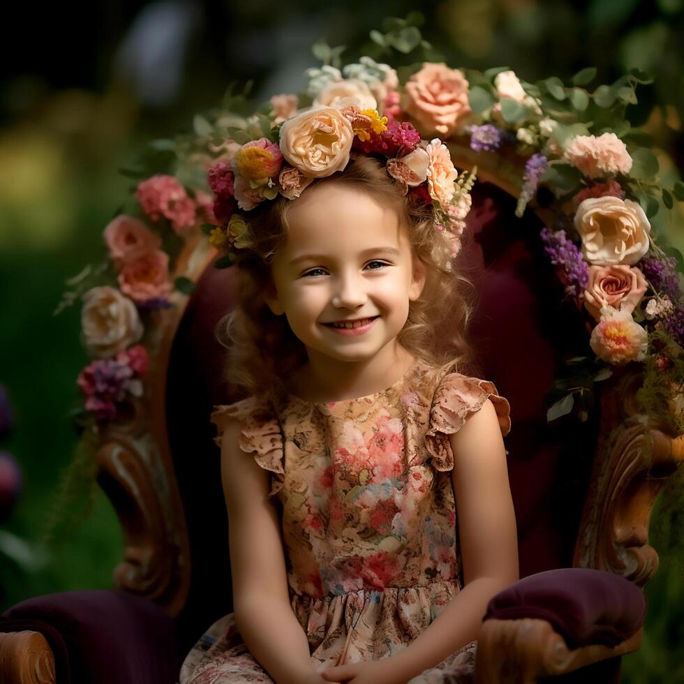 ai generativo un maravilloso linda niña con un elegante vistoso vestir posando a el cámara foto