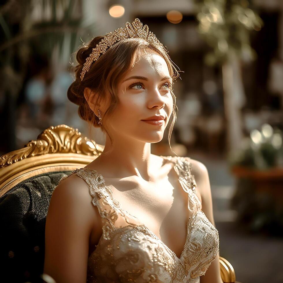 AI Generative A beautiful girl in a elegant dress poses for the camera on a royal chair in a wedding setting photo