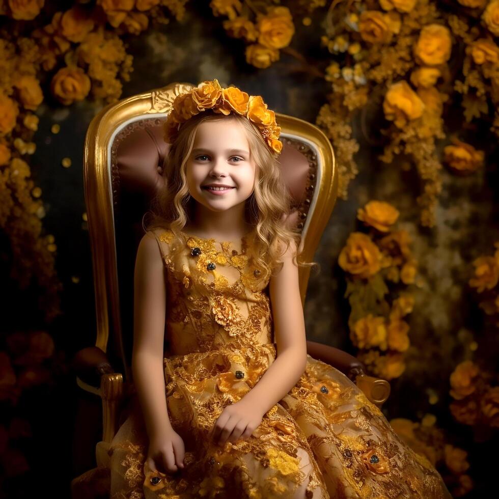 AI Generative A cute little girl wearing an elegant flower crown sitting on a chair in a floral decorated background photo