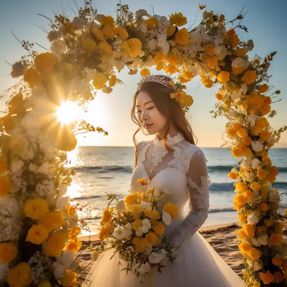 ai generativo un hermosa novia posando a el cámara en frente de un resumen flor arco en el playa en el noche foto