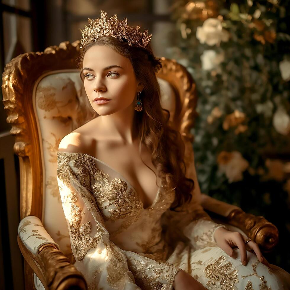 AI Generative A gorgeous girl wearing a crown sitting on a luxury chair in a floral decorated background photo