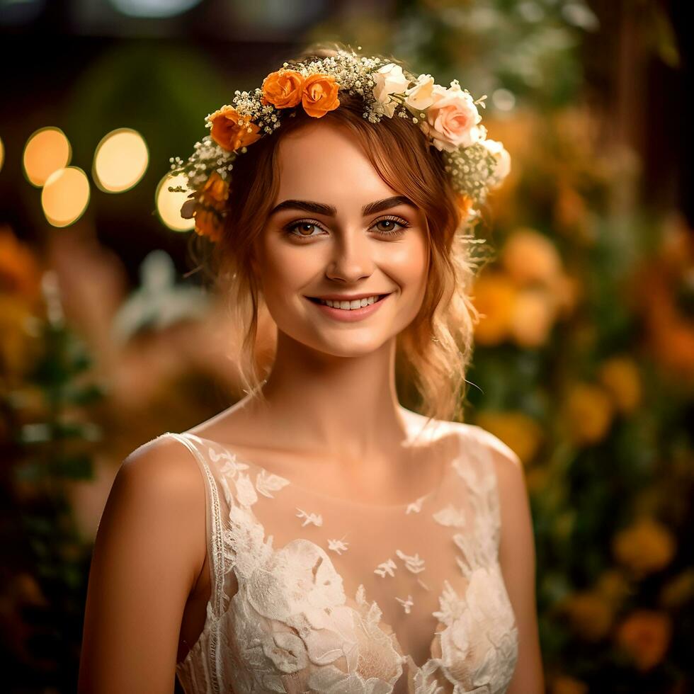 AI Generative Gorgeous pretty smiling bride with flower crown posing to the camera in blurred nature background photo