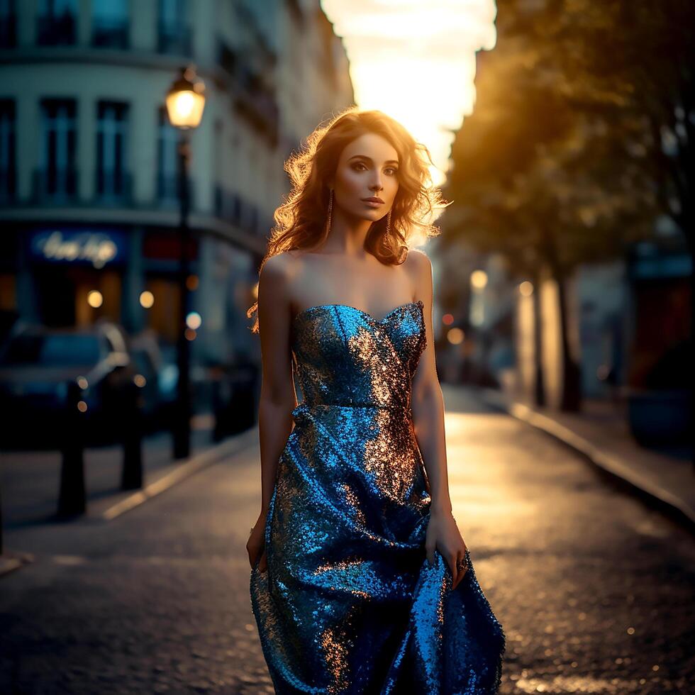 Pretty girl posing for the camera in the evening wearing a blue dress photo