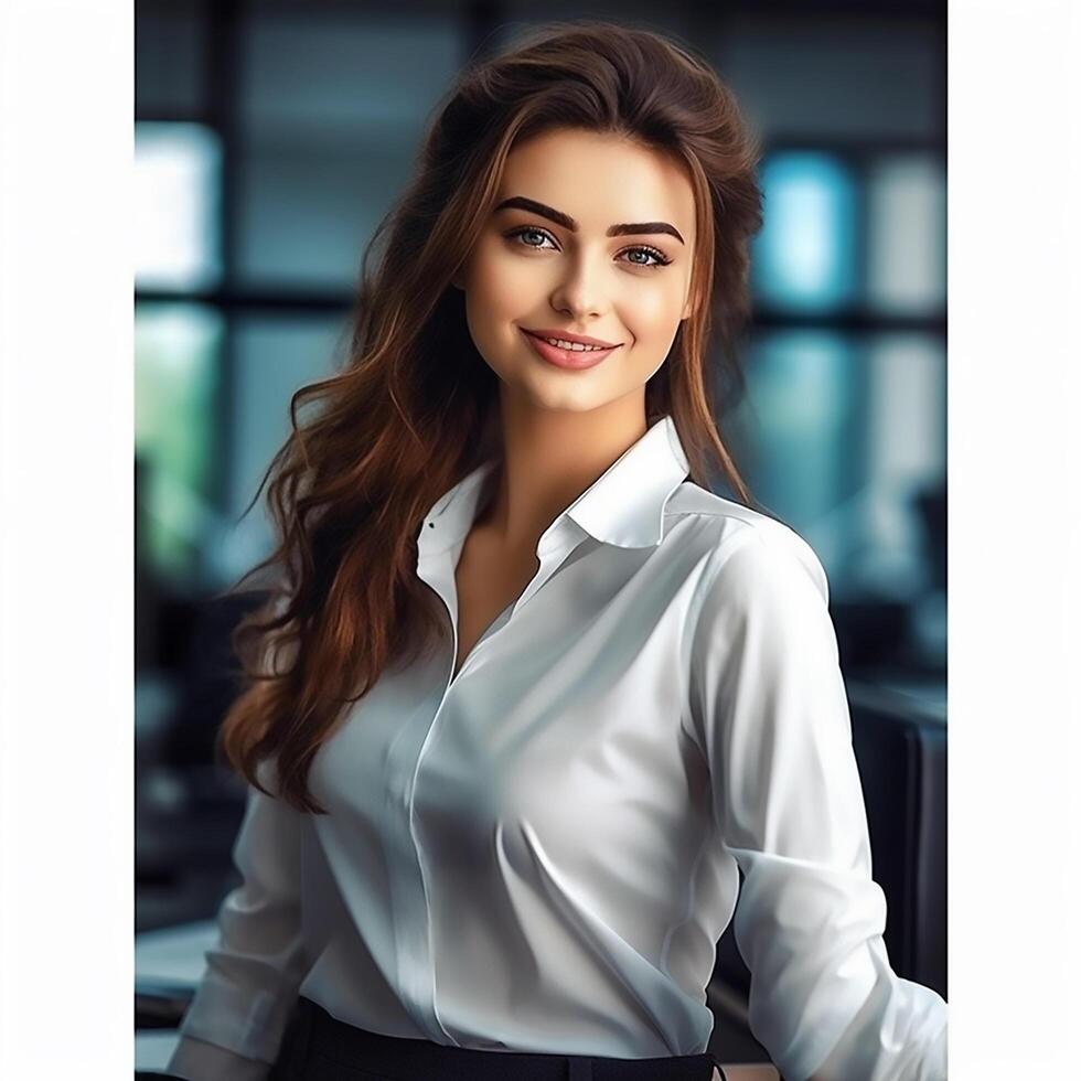 A beautiful girl standing in the office wearing a white shirt photo