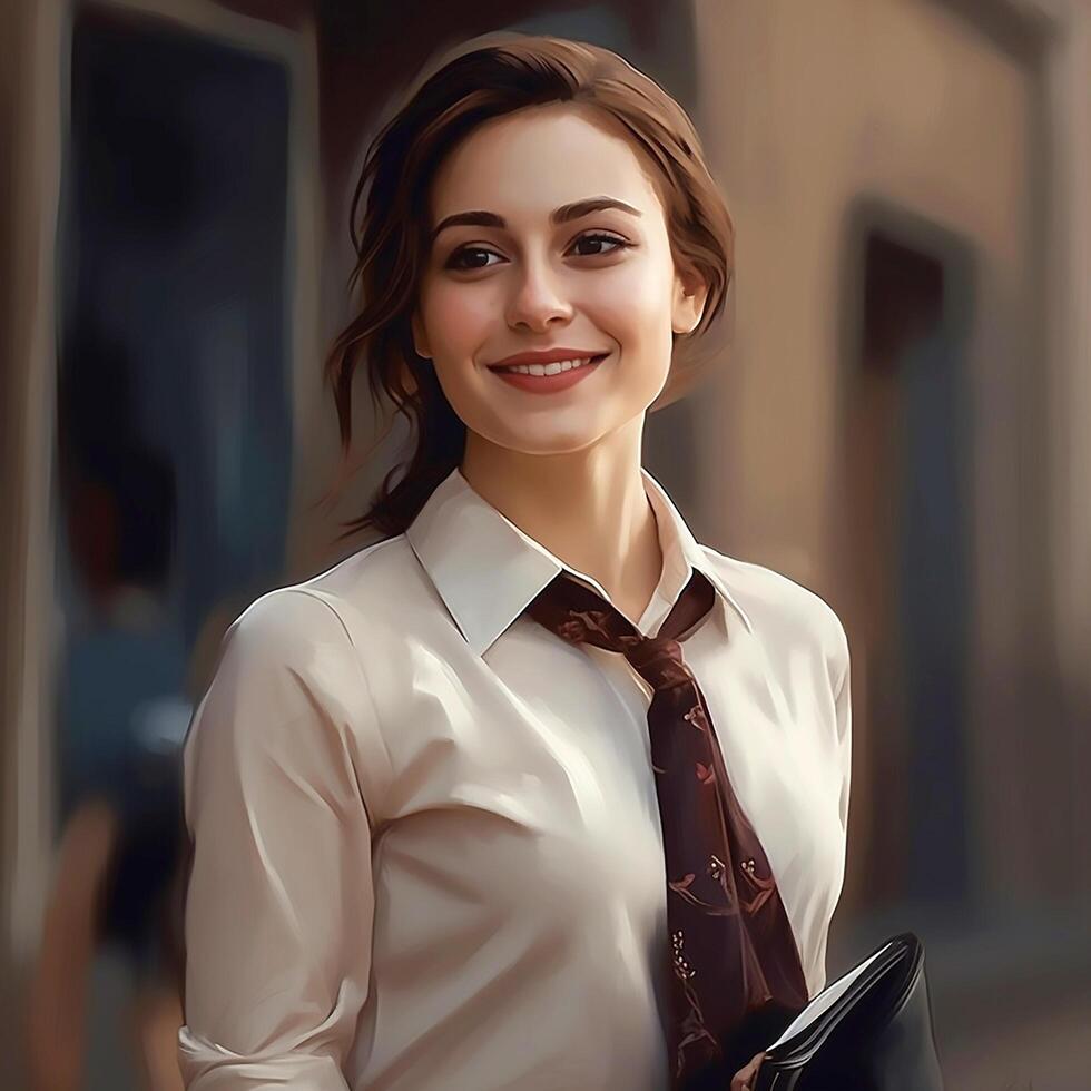 A pretty young woman poses for the office camera with a smiling face photo