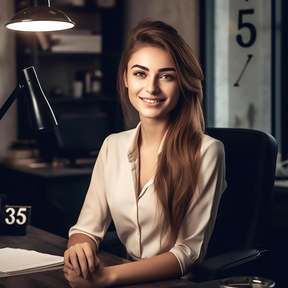 An attractive office girl smiles at the camera while working photo