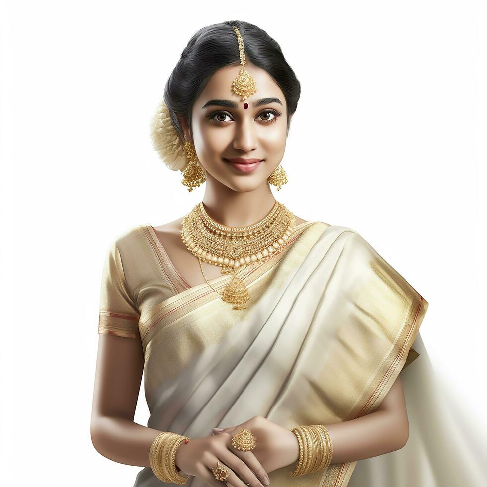 AI Generative Portrait of a young girl dress up saree and posing on white background photo