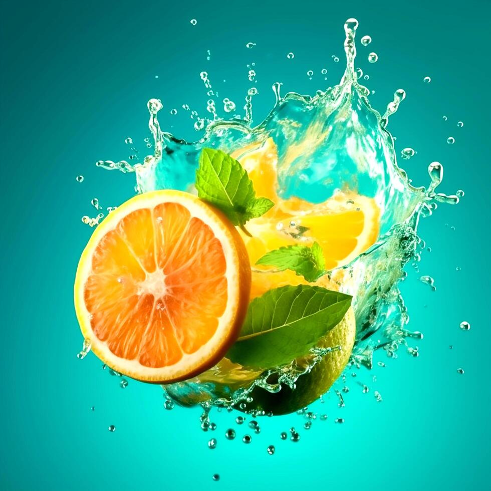 Abstract Splash of orange slices on the water in light green background photo