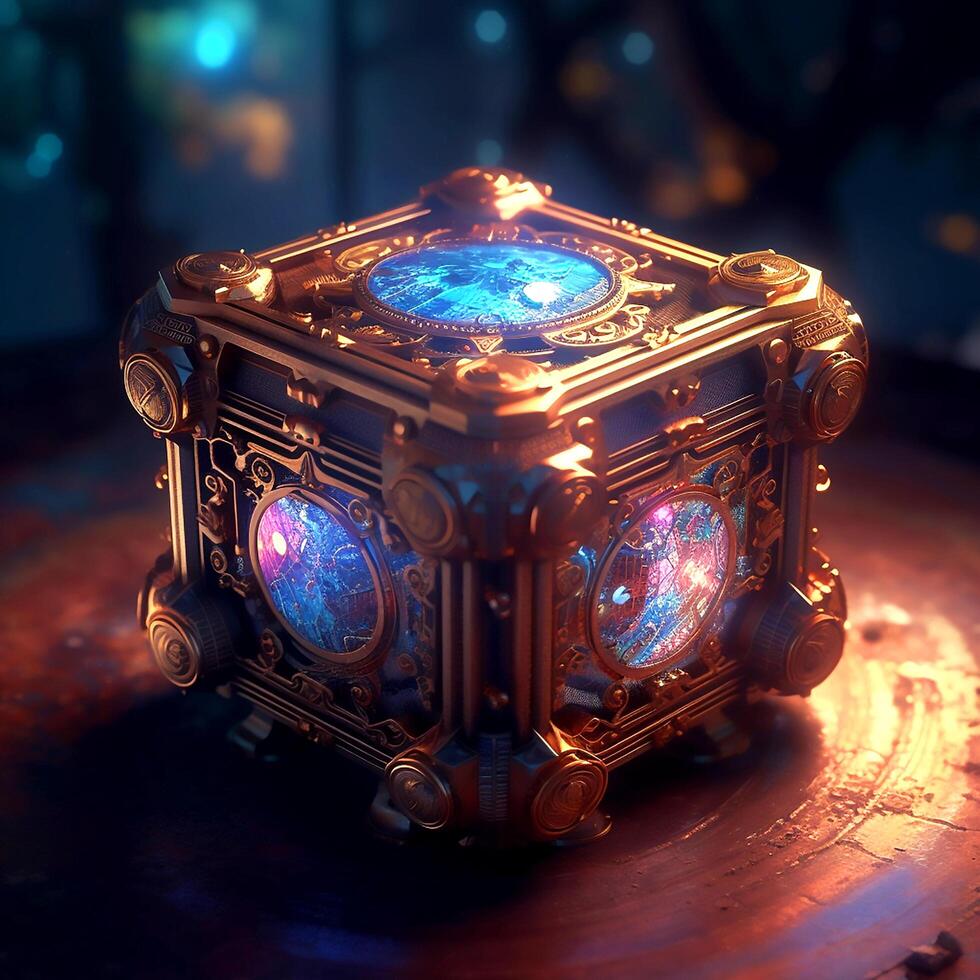 AI Generative Mysterious magical box with glowing slides photo