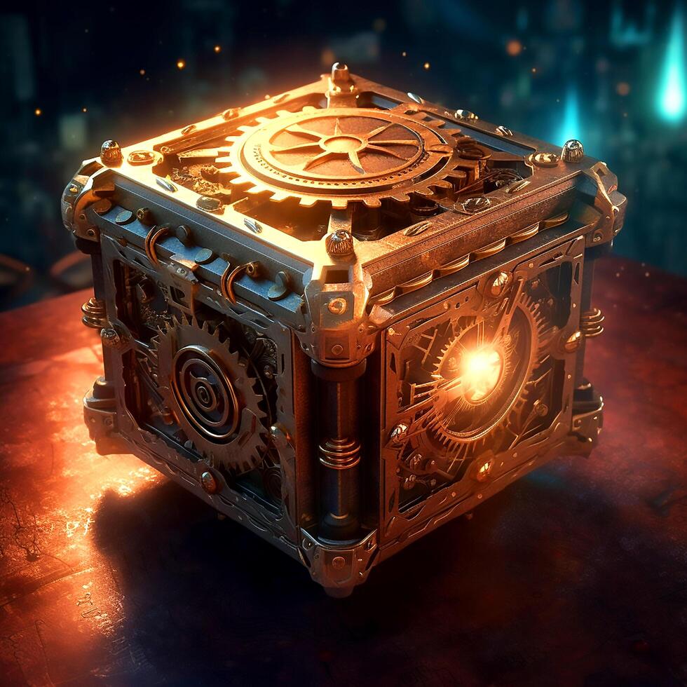 AI Generative Mysterious golden magical box with mechanical locks photo