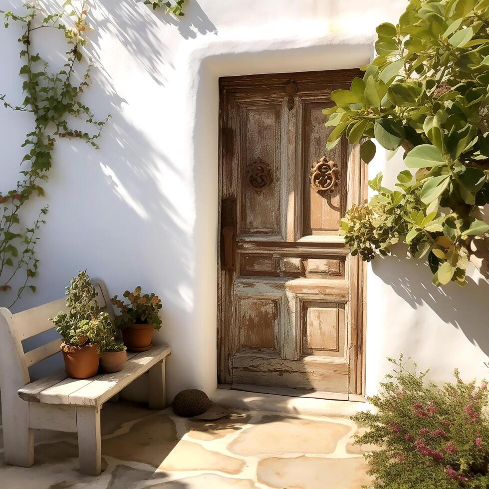 An antique wooden door with block carvings photo