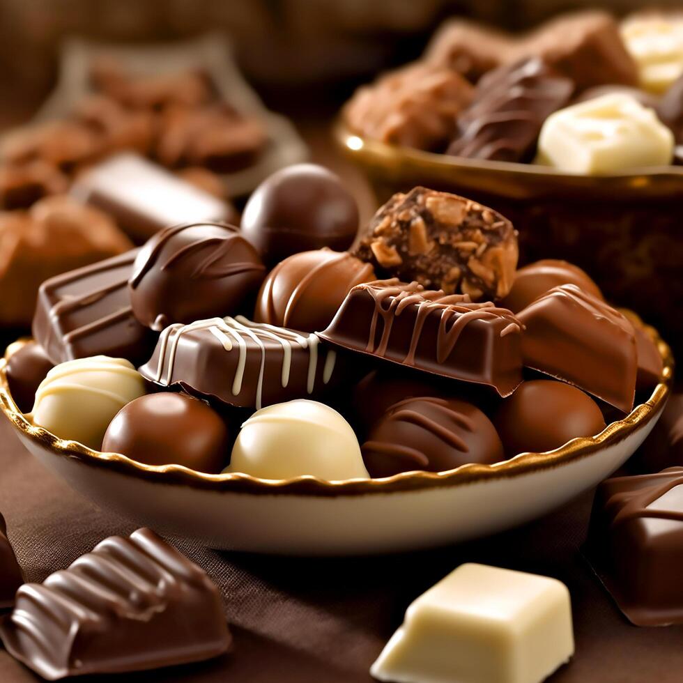 Delicious variety of chocolates on the plate on the table photo