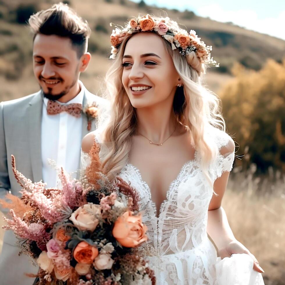 ai generativo un amoroso Pareja posando para el cámara en montaña pico foto