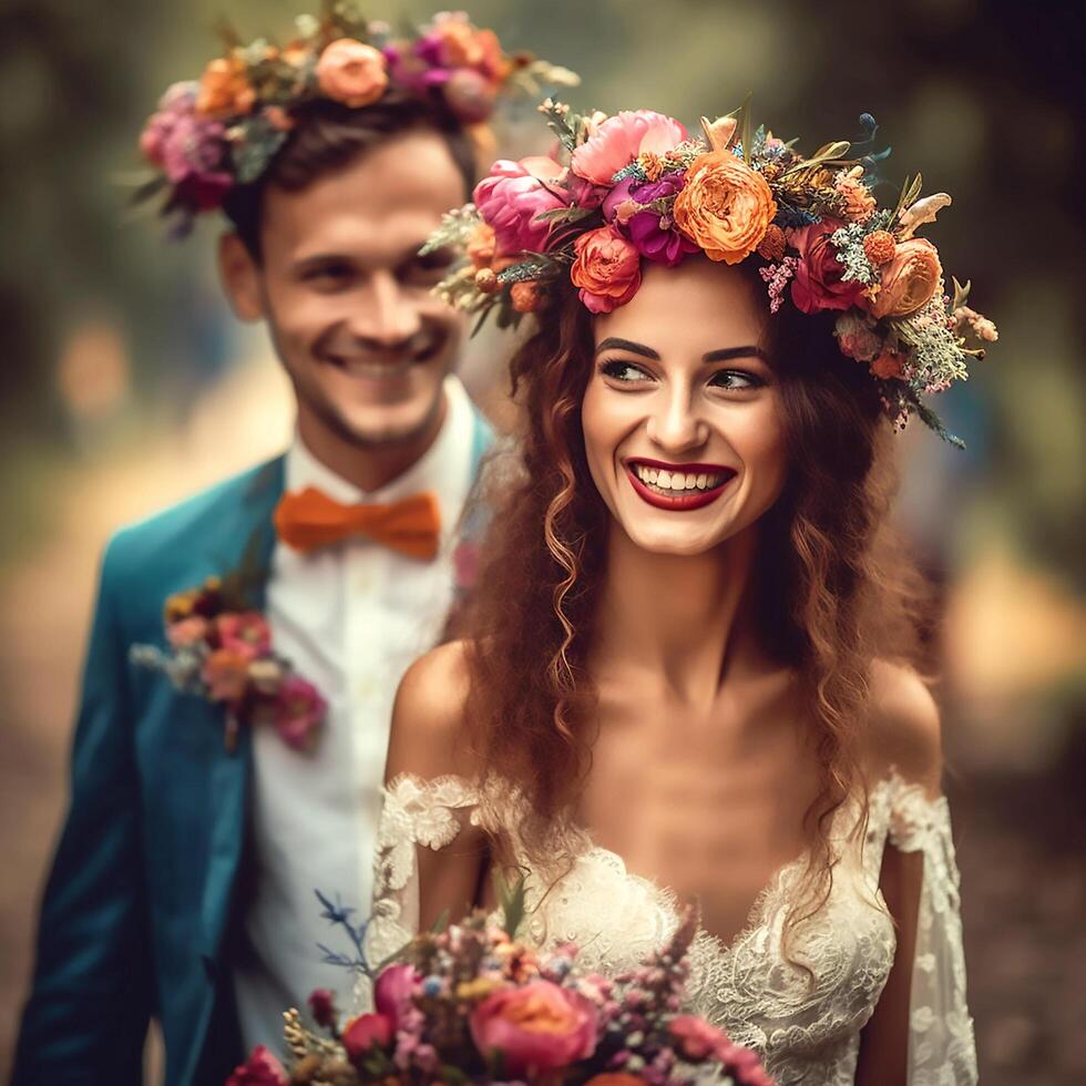 ai generativo un amoroso sonriente bonito Pareja posando a el cámara vistiendo un corona de flores foto