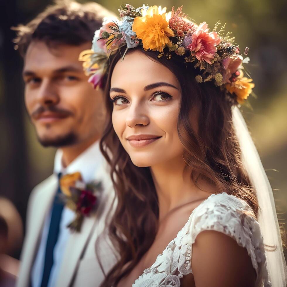 A lovely couple in the blurred background posing to the camera photo