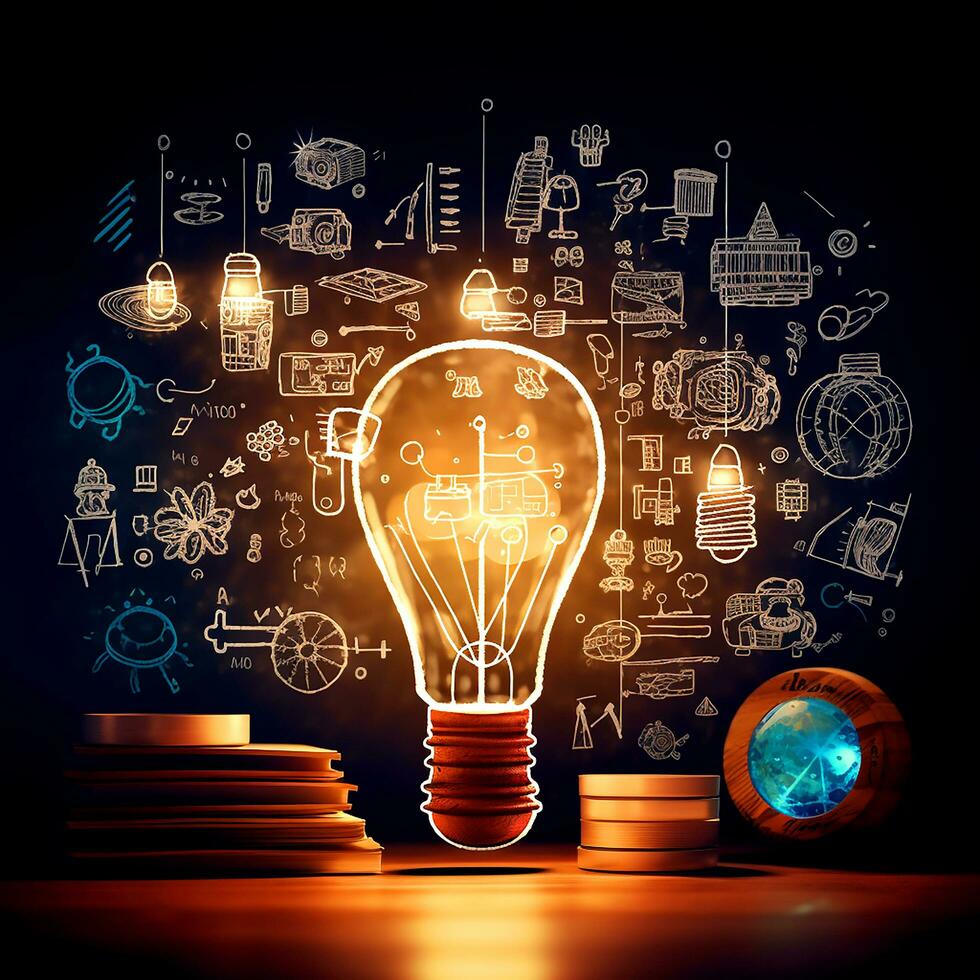 AI Generative Creative Light bulb with learning doodle sketches photo