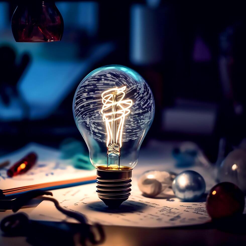 Creative glowing light bulb on a learning desk photo