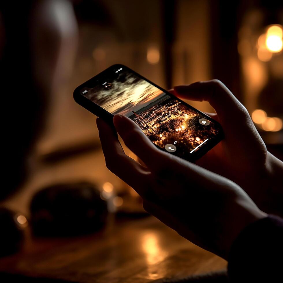 A mobile phone in a womens hand at night photo