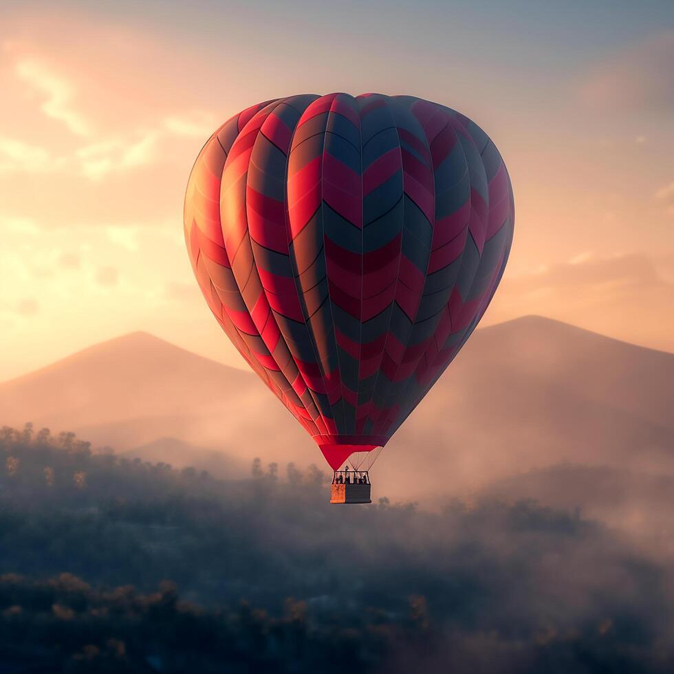 AI Generative An abstract red theme hot air balloon flying alone above the beautiful mountain peaks in the evening sky photo