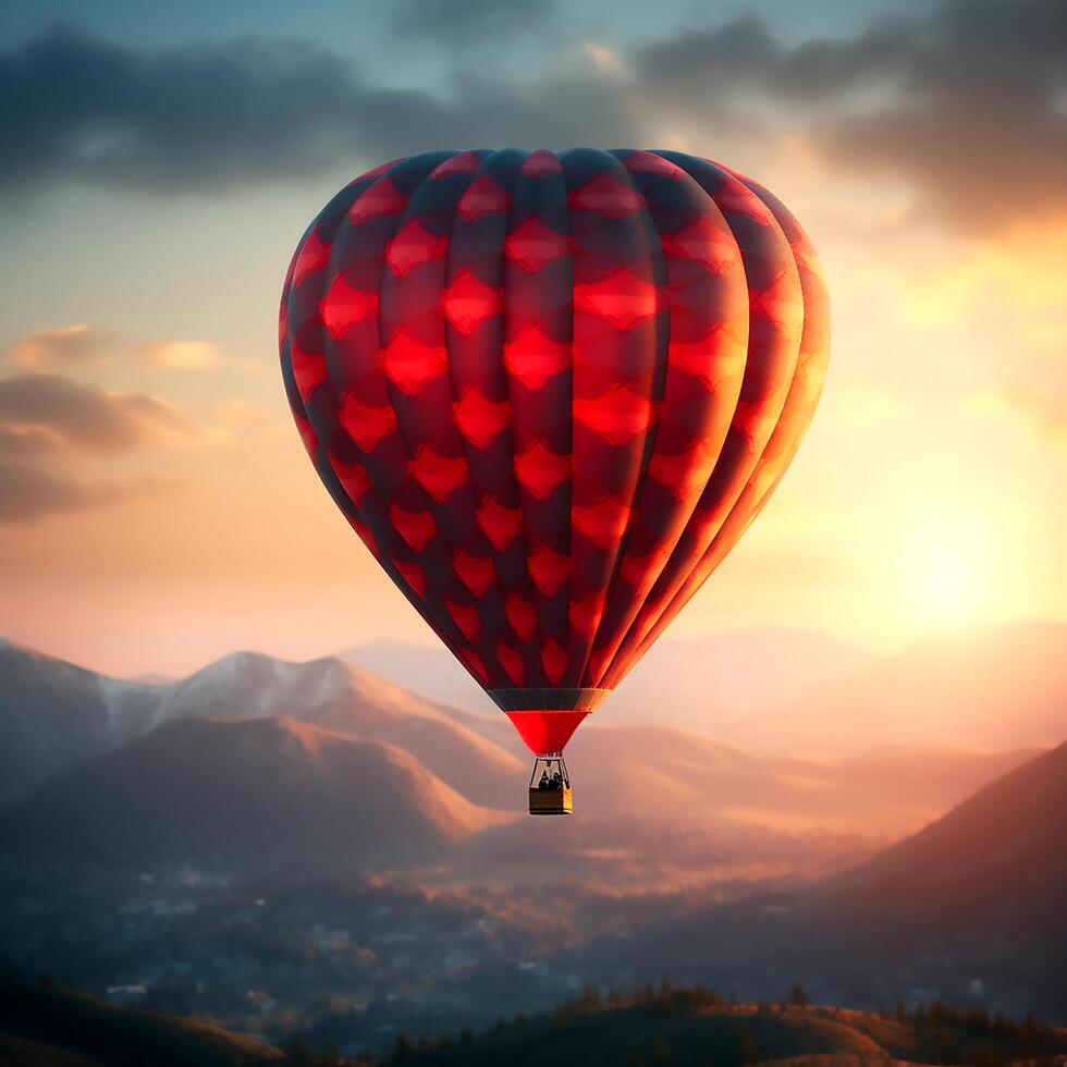 AI Generative A beautiful red hot air balloon traveling alone in the evening sky photo