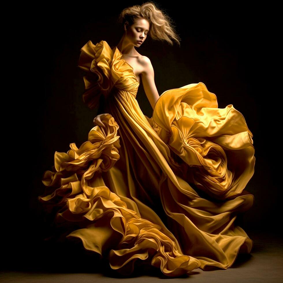ai generativo un hermosa niña en un elegante amarillo alborotado vestir foto